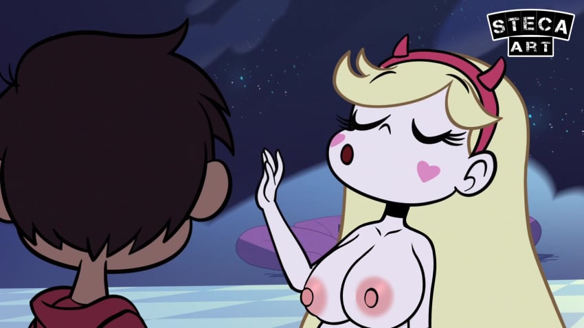 artist_name blonde_hair casual closed_eyes dark_skin edit female gigantic_breasts hand_up headband heart_cheeks huge_areolae huge_nipples human light_skin long_hair male marco_diaz pale_skin pink_nipples screenshot_edit smooth_skin star_butterfly star_vs_the_forces_of_evil steca thelazyart unseen_male_face