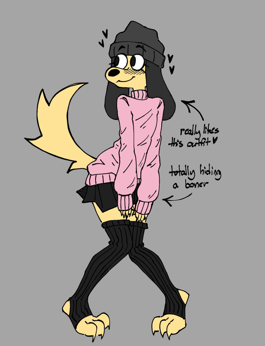 anthro beanie bottomwear canid canine clothed clothing dog_boy english_text femboy fur furry furry_only girly hat headgear headwear heart hi_res hiding_erection legwear male male_only mammal puppy_(puppynsfw) puppynsfw skirt solo stockings tail text