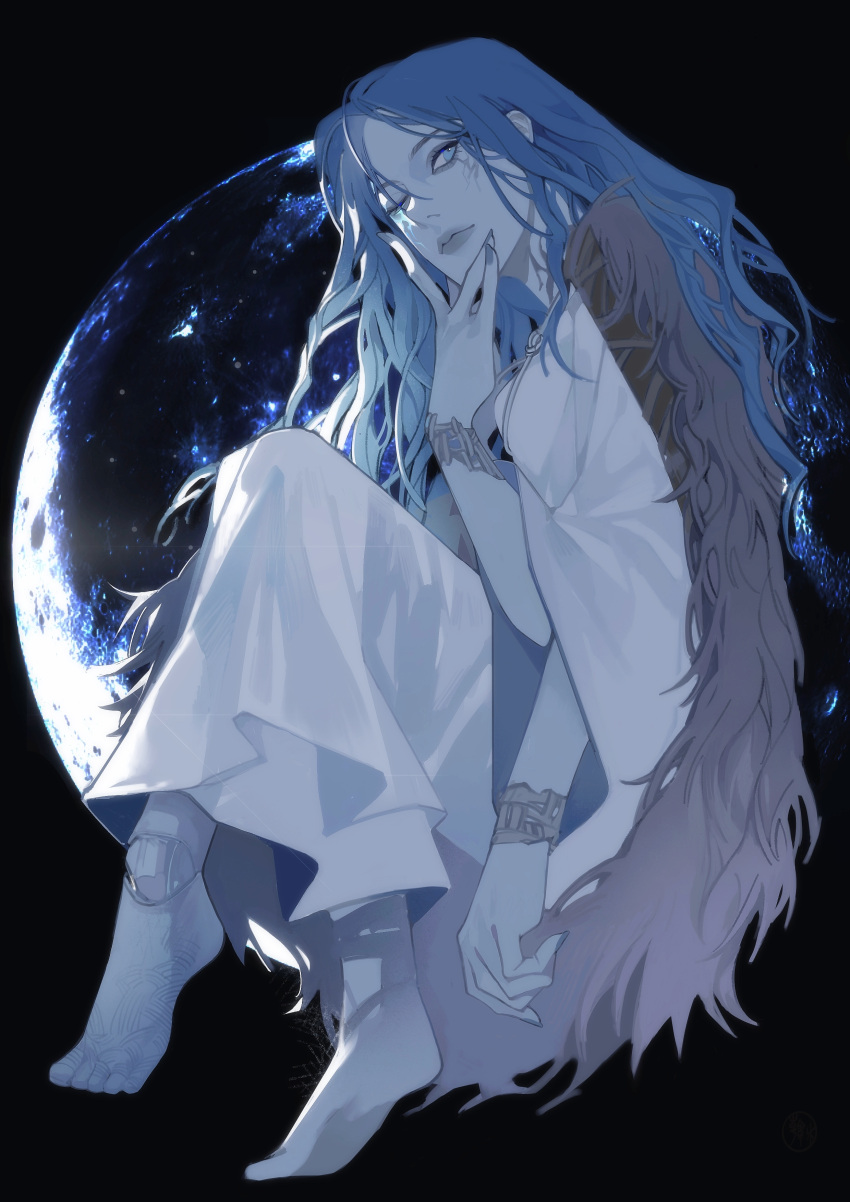 barefoot blue_eyes blue_hair blue_skin clothed elden_ring feet female female_only fromsoftware fur_cape han_mu_(lofter) no_shoes ranni_the_witch