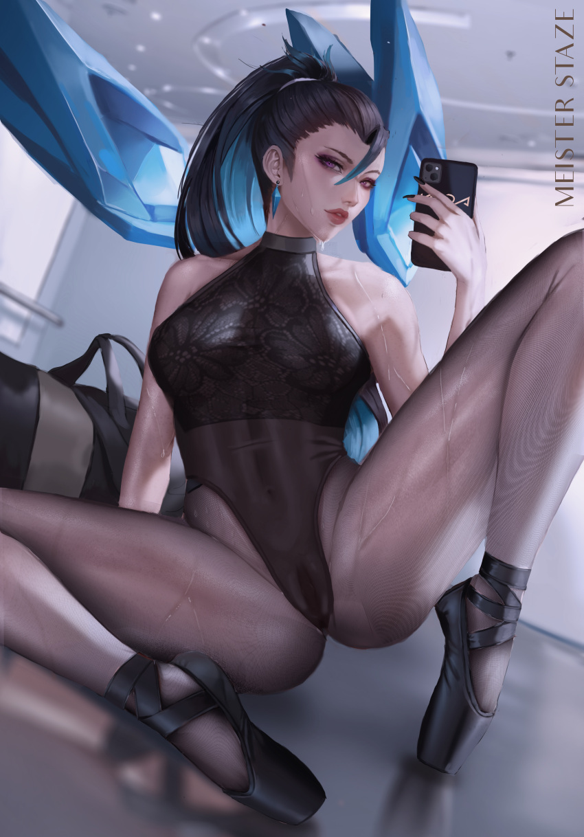 ballet ballet_slippers black_hair black_legwear black_nails cameltoe k/da_all_out_kai'sa k/da_all_out_series kai'sa league_of_legends leotard meister_staze pantyhose phone ponytail purple_eyes selfie spread_legs sweat sweatdrop