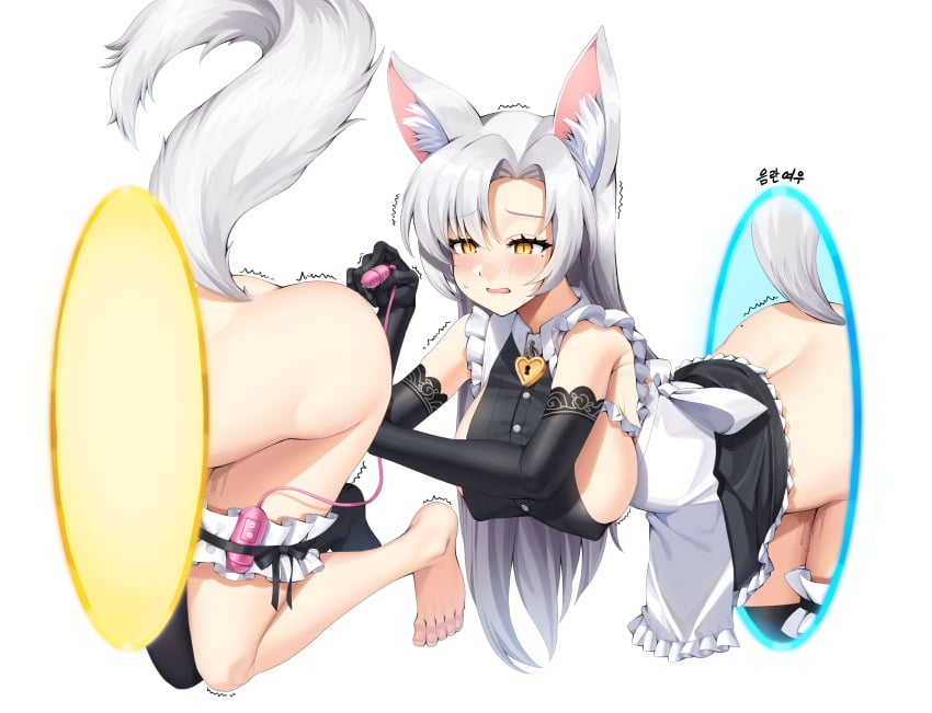 1girls absurdres animal_ear_fluff animal_ears animal_humanoid apron armpit_crease artist_request bangs bare_shoulders barefoot black_dress black_gloves black_thighhighs blush breasts buttons collared_dress commission covered_nipples dress elbow_gloves eun_soyeon_(lustyfox) female female_only fox_ears fox_girl fox_tail frilled_dress frills gloves grey_hair heart-shaped_lock heart_lock highres large_breasts long_hair looking_at_viewer maid_apron mole mole_under_eye no_panties nose_blush now_you're_thinking_with_portals open_mouth original padlocked_collar parted_bangs portal portal_(object) portal_(series) portal_selfcest pussy_juice second-party_source sex_toy short_dress sideboob single_thighhigh sleeveless sleeveless_dress slit_pupils solo tail thigh_strap thighhighs thinking_with_portals trembling vibrator white_background white_hair yellow_eyes