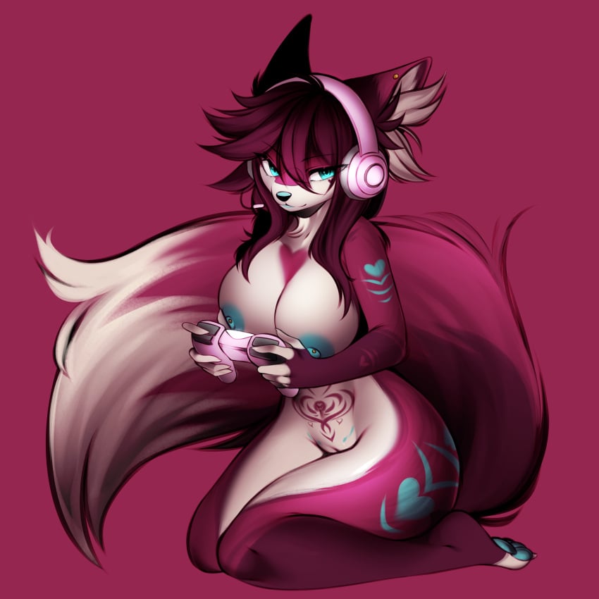 2022 absurd_res anthro big_breasts blue_eyes breasts canid canine controller curvy_figure ear_piercing female fox fur game_controller gaming genitals headgear headphones hi_res holding_object inner_ear_fluff kneeling looking_at_viewer magenta_fur mammal markings mega_moppa nipple_piercing nipples nude piercing pussy rose_the_foxxo simple_background smile solo tuft