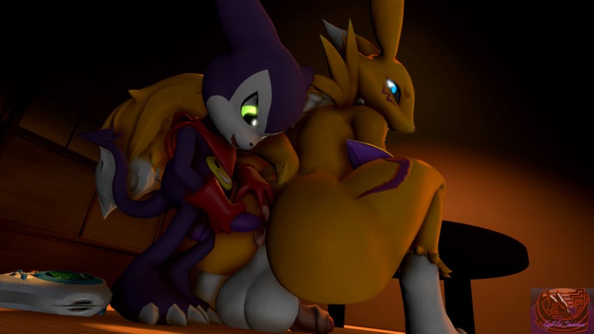 3d_(artwork) anal ass balls bandai_namco digimon digimon_(species) digital_media_(artwork) duo genitals girly hi_res impmon knightsfm looking_back male male/male penis renamon size_difference small_dom_big_sub source_filmmaker