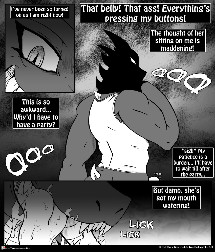 2018 absurd_res anthro bodily_fluids bottomwear bulge chapter_4 clothed clothing comic dragon drooling english_text erection erection_under_clothing hi_res horn if_hell_had_a_taste licking licking_lips male monochrome muscular muscular_anthro muscular_male page_42 pants profanity saliva scales shirt skylar_fidchell solo text tongue tongue_out topwear viroveteruscy volume_1