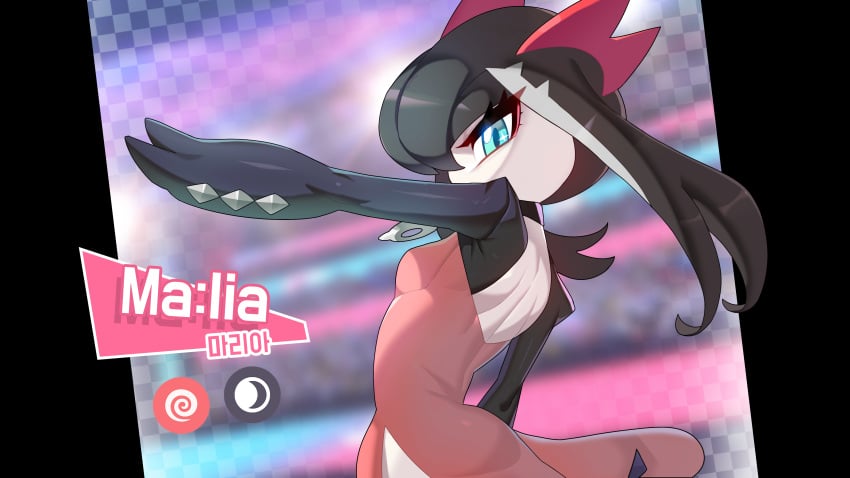 2022 athletic_female black_hair blue_eyes dress drunkoak fusion kirlia marnie_(pokemon) pokémon_(species) pokemon pokemon_(species) pokemon_ss small_breasts tagme