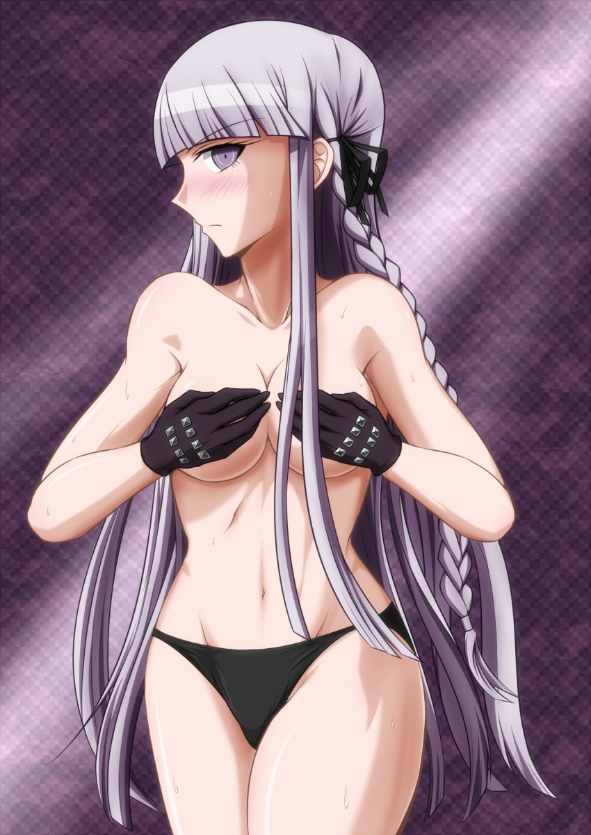 1girls blush breasts covering_breasts danganronpa danganronpa:_trigger_happy_havoc danganronpa_1 female female_only kirigiri_kyouko looking_at_viewer makiri_akira panties solo straight_hair sweat thighs topless topless_female