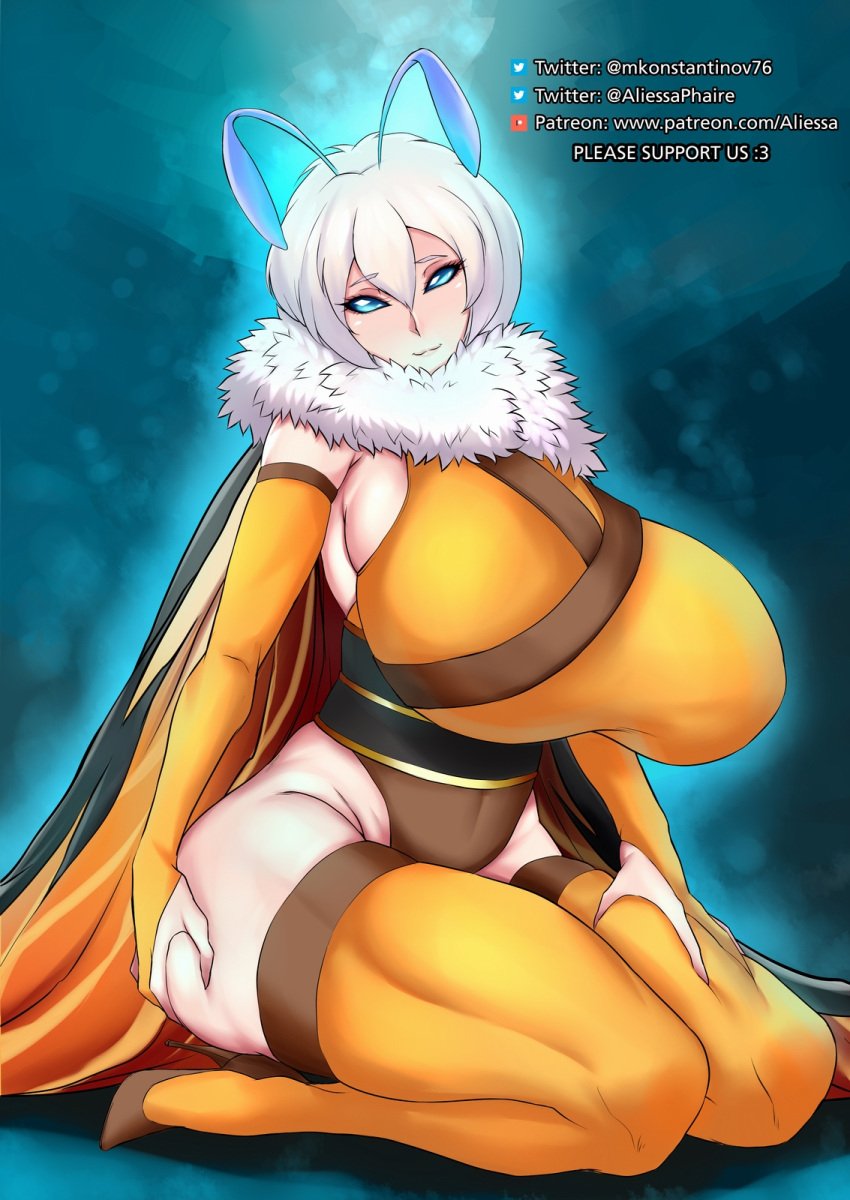 1girls 2019 antennae_(anatomy) big_breasts blue_eyes godzilla_(series) godzilla_king_of_the_monsters huge_breasts humanized looking_at_viewer mkonstantinov monsterverse moth moth_girl mothra solo solo_female tagme thick thick_thighs white_hair