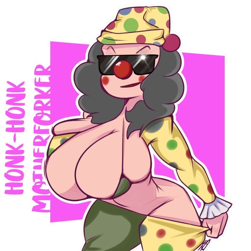 bebey_(streamer) big_breasts clown clown_girl clown_makeup clown_nose clussy_bebs cuffs english_text flashing_eyes looking_at_viewer polka_dot polka_dot_clothing polka_dot_hat polka_dot_legwear rule_63 sunglasses youtube youtuber алексей_гончаров деградач