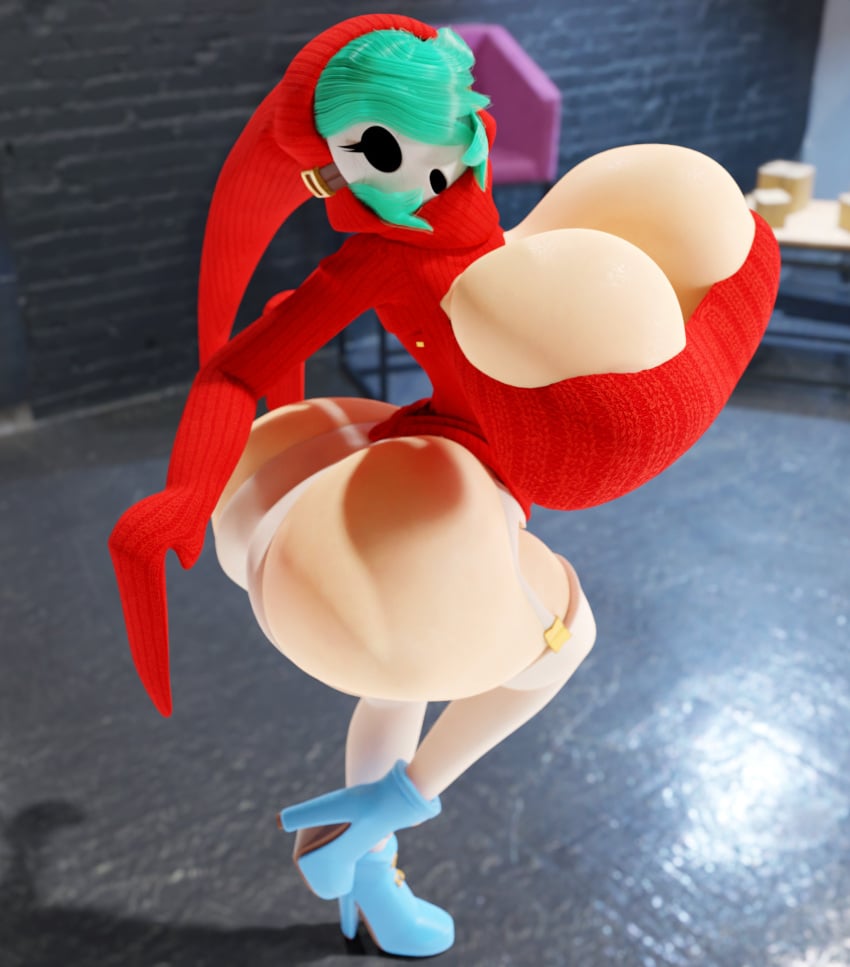 3d big_ass big_breasts big_butt boob_window breast_expansion female female_focus female_only green_hair hyper_ass hyper_breasts light-skinned_female light_skin mario_(series) mask nintendo nsfwo nsfwo262 red_dress shocking_(artist) shy_gal shy_gal_red solo stockings voluptuous_female