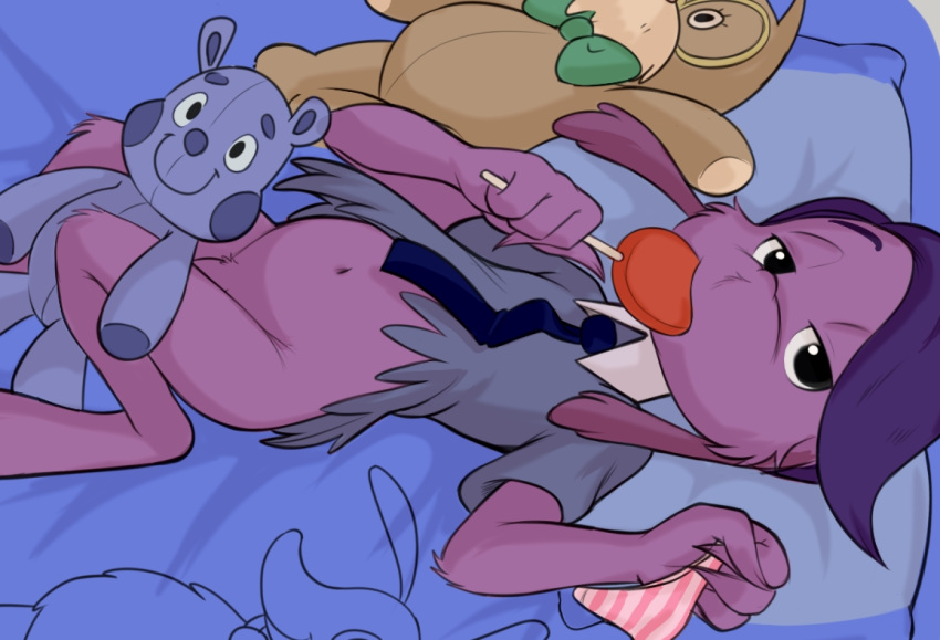 2022 bed collar dandi dr_seuss green_eggs_and_ham green_eggs_and_ham_(animated_series) hi_res lollipop looka looka_(green_eggs_and_ham) looka_ba-dooka lying lying_on_bed male male_only netflix non-human plushie purple_fur purple_hair seductive seductive_look thong tie tummy underwear