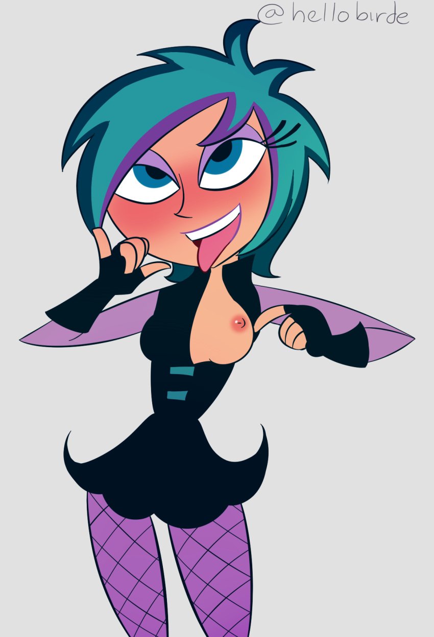 agent_xero blowjob_gesture blush breast compact_body cyan_eyes cyan_hair dress eyelashes eyeshadow fingerless_gloves flashing_breasts hellobirde lace-trimmed_legwear lacey_shadows nipple one_breast_out purple_hair short_dress the_modifyers tongue_out