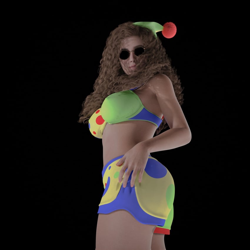 3d bebey_(streamer) big_breasts black_background brown_hair clown clown_girl clussy_bebs curly_hair looking_at_viewer looking_to_the_side medium_breasts polka_dot polka_dot_bra polka_dot_hat polka_dot_legwear rule_63 sunglasses tinted_eyewear youtube youtuber деградач тёма_лопатин