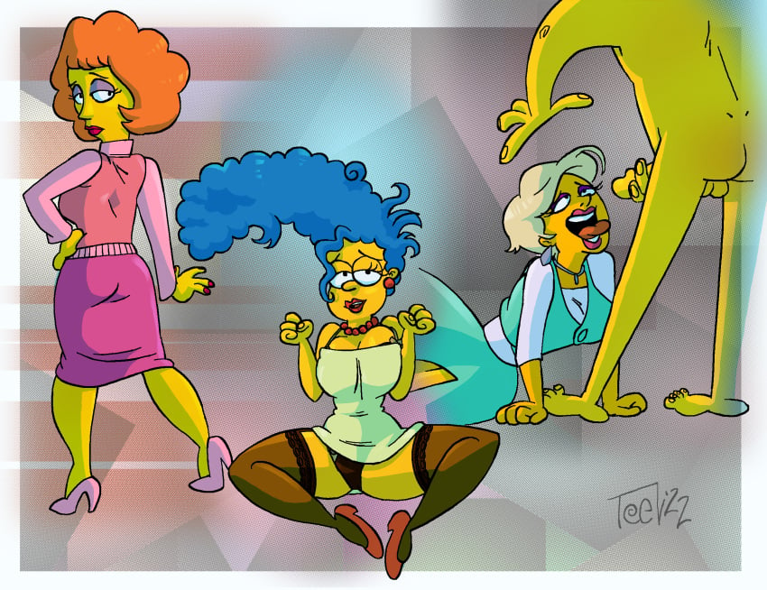 blue_hair breast_squish lindsey_naegle marge_simpson maude_flanders partial_male teev the_simpsons tongue_out