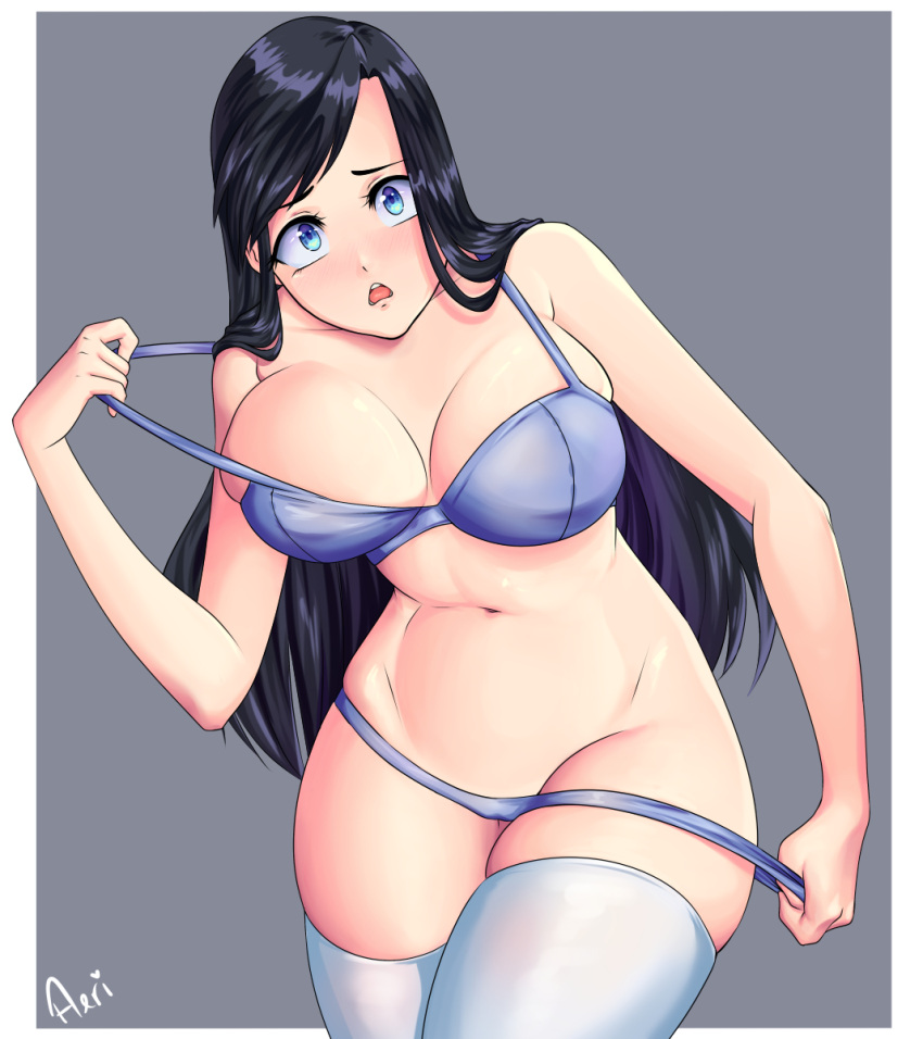 1girls aerianr black_hair blue_eyes huge_breasts long_hair looking_at_viewer original original_character solo solo_female thighhighs underwear voluptuous