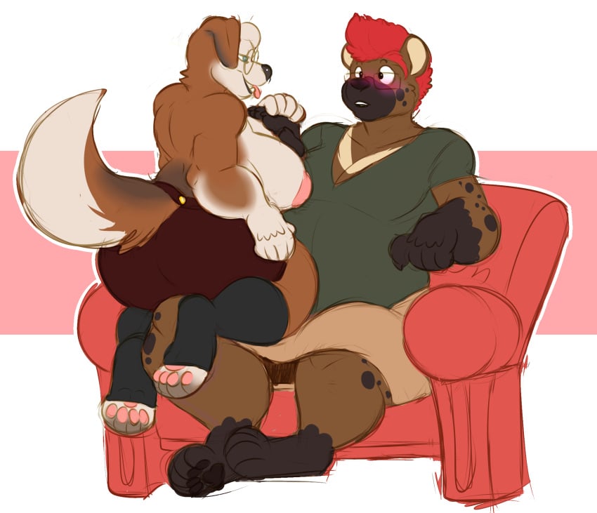 age_difference anthro areola ass bedroom_eyes big_breasts big_butt blush blush_lines bottomwear breasts brown_body brown_fur canid canine canis chair chubby_female clothed clothing crescent_moon domestic_dog dominant dominant_female duo eyewear female frohawk fur fur_markings furgonomics furniture glasses green_eyes hand_holding hi_res highlights_(coloring) holding_breast hyaenid hybrid inverted_nipples kilt larger_male male male/female mammal marigold_(hakkai) markings molosser moon mountain_dog mr.hakkai musclegut narrowed_eyes nipples older_female overweight overweight_female pawpads pink_areola raised_tail saint_bernard seductive simple_background size_difference skirt smaller_female spots spotted_body spotted_fur straddling straddling_leg submissive submissive_male tail_clothing terribletanuki thick_thighs tongue tongue_out topless topless_anthro topless_female ursid wide_hips younger_male