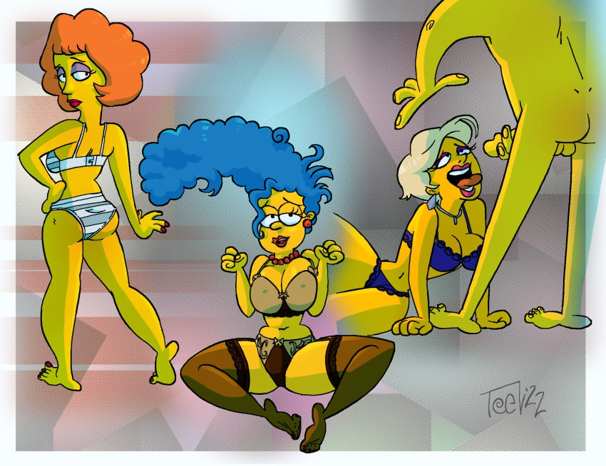 blue_hair bra breast_squish lindsey_naegle marge_simpson maude_flanders panties partial_male teev the_simpsons tongue_out underwear