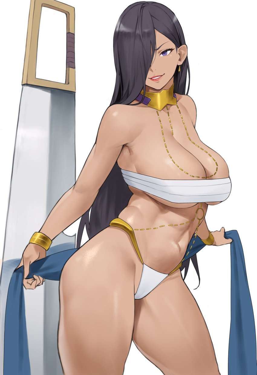 1girls aisha_belka alternate_version_available bare_shoulders belly_dancer_outfit black_hair breasts dark-skinned_female dark_skin dungeon_ni_deai_wo_motomeru_no_wa_machigatteiru_darou_ka earrings female hair_over_one_eye jewelry large_breasts lipstick long_hair looking_at_viewer purple_eyes red_lips sarashi solo solo_female underboob weapon white_panties yoshi55level yoshio_(55level)