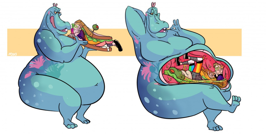 anthro anthro_pred belly big_belly blue_body common_hippopotamus food_play hippopotamid hippopotamus human human_prey inside_stomach internal internal_view sequence sweatpants_(artist) vore willing_prey x-ray