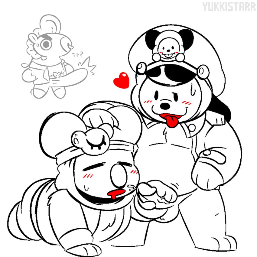 bodily_fluids brawl_stars bt21 bull_(brawl_stars) bull_mang chimmy_(bt21) chimmy_ruffs colonel_ruffs erection gay handjob koya_(bt21) male/male mang_(bt21) sandy_(brawl_stars) sandy_koya slightly_chubby supercell tongue_out yukki_starr