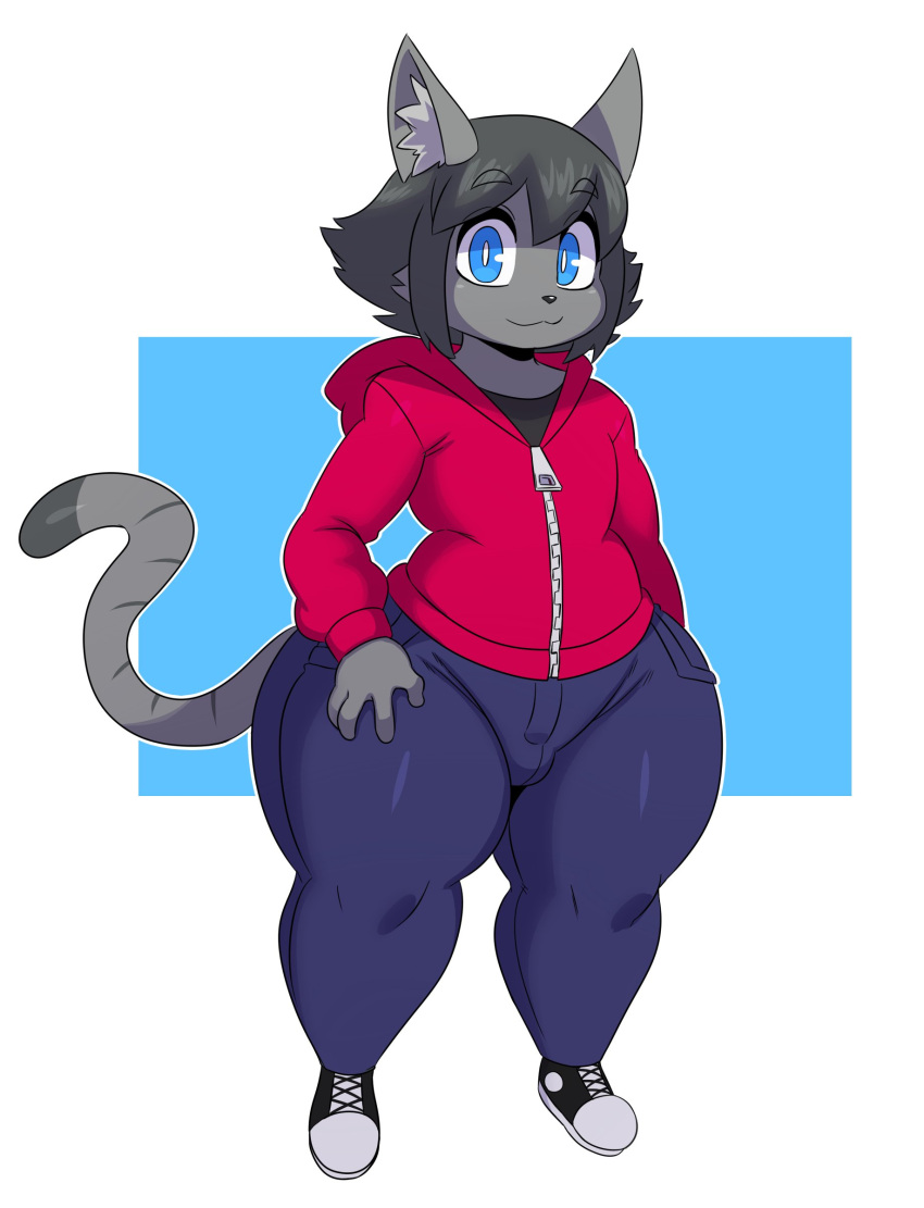 1boy blue_eyes bulge clothing cory_(hevymin) domestic_cat eyebrows feline femboy grey_fur grey_hair hoodie male pants smile sneakers sssonic2 tail thick_thighs