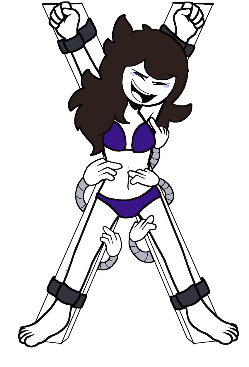 1girls :d barefoot bra brown_hair closed_eyes crying_laughing feet female female_only jaiden jaiden_animations laughing long_hair panties solo solo_female tickle_torture tickling tyberdyne underwear underwear_only white_body