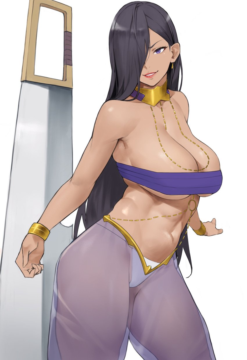 aisha_belka alternate_version_available bare_shoulders belly_dancer_outfit black_hair breasts dark-skinned_female dark_skin dungeon_ni_deai_wo_motomeru_no_wa_machigatteiru_darou_ka earrings female hair_over_one_eye jewelry large_breasts lipstick long_hair looking_at_viewer purple_bra purple_eyes red_lips see-through see-through_clothing solo solo_female underboob weapon white_panties yoshi55level yoshio_(55level)