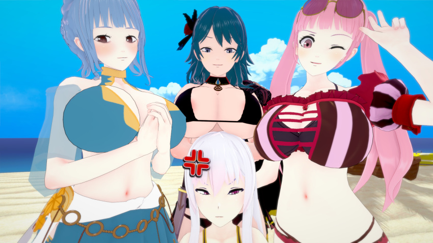 3d 4girls ;) alternate_costume anger_vein angry areolae bangs bare_midriff beach bikini black_bikini black_swimsuit blue_bikini blue_eyes blue_hair blue_swimsuit breast_envy brown_eyes byleth_(fire_emblem) byleth_(fire_emblem)_(female) byleth_(summer)_(fire_emblem)_(female) capelet cleavage detached_sleeves eyewear_on_head female female_only fire_emblem fire_emblem:_three_houses fire_emblem_heroes flower hair_flower hilda_valentine_goneril hilda_valentine_goneril_(summer) kankantor long_hair looking_at_viewer lysithea_von_ordelia marianne_von_edmund marianne_von_edmund_(summer) medium_hair midriff multiple_girls nintendo ocean official_alternate_costume one_eye_closed outdoors pink_bikini pink_eyes pink_hair pink_swimsuit sarong see-through short_hair sideboob smile sunglasses sunglasses_on_head swimsuit teal_hair twintails underboob white_hair wink