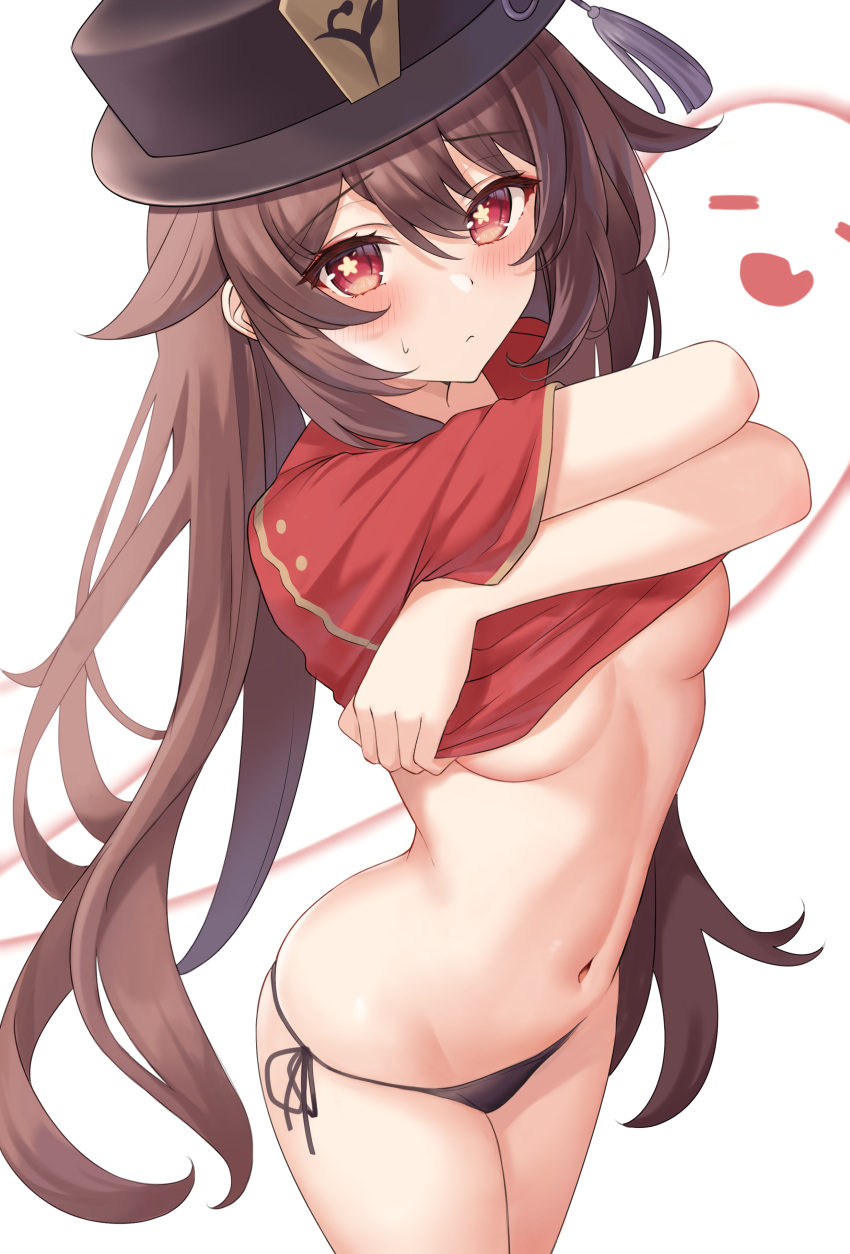 1girls belly belly_button black_panties blush breasts brown_hair female genshin_impact hayasaka hi_res hips hu_tao_(genshin_impact) looking_at_viewer navel panties red_eyes shirt_lift side-tie_panties small_breasts twintails underboob underwear undressing