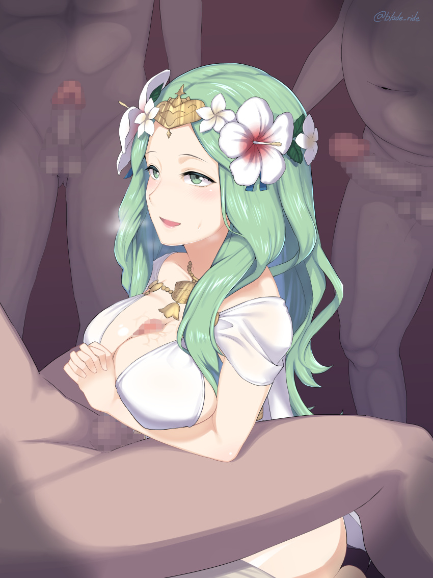 1girls 3boys alternate_costume bikini blade_ride breasts censored cleavage female female_focus fire_emblem fire_emblem:_three_houses fire_emblem_heroes flower green_eyes green_hair hair_flower heavy_breathing kneeling large_breasts long_hair male more_at_source multiple_boys nintendo official_alternate_costume paizuri praying rhea_(fire_emblem) rhea_(summer)_(fire_emblem) sideboob smile solo_focus swimsuit white_bikini white_swimsuit