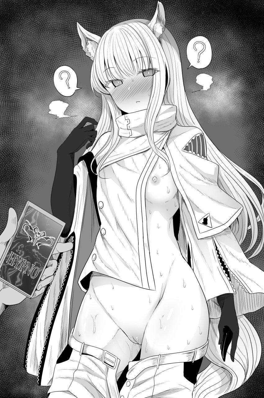 ? absurdres arknights blush breasts buttons clothes_pull elbow_gloves female gloves godharo1 grey_background greyscale highres jacket monochrome nipples no_bra nude one_breast_out open_fly platinum_(arknights) pussy pussy_juice shorts shorts_pull simple_background small_breasts solo_focus spoken_question_mark uncensored