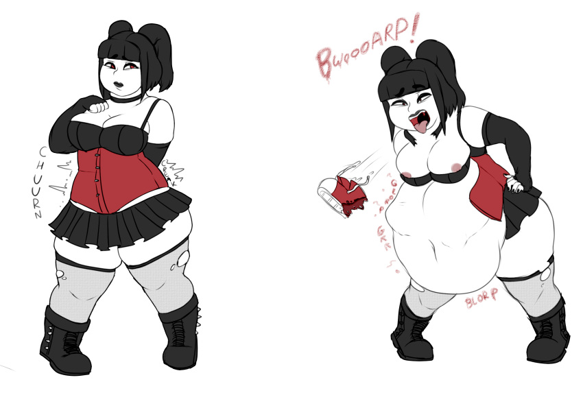 1girls belly belly_bulge big_belly big_breasts breasts burp burping burping_up_clothes corset female fishnets goth nipples same_size_vore scolipedes shortstack stomach_noises vore