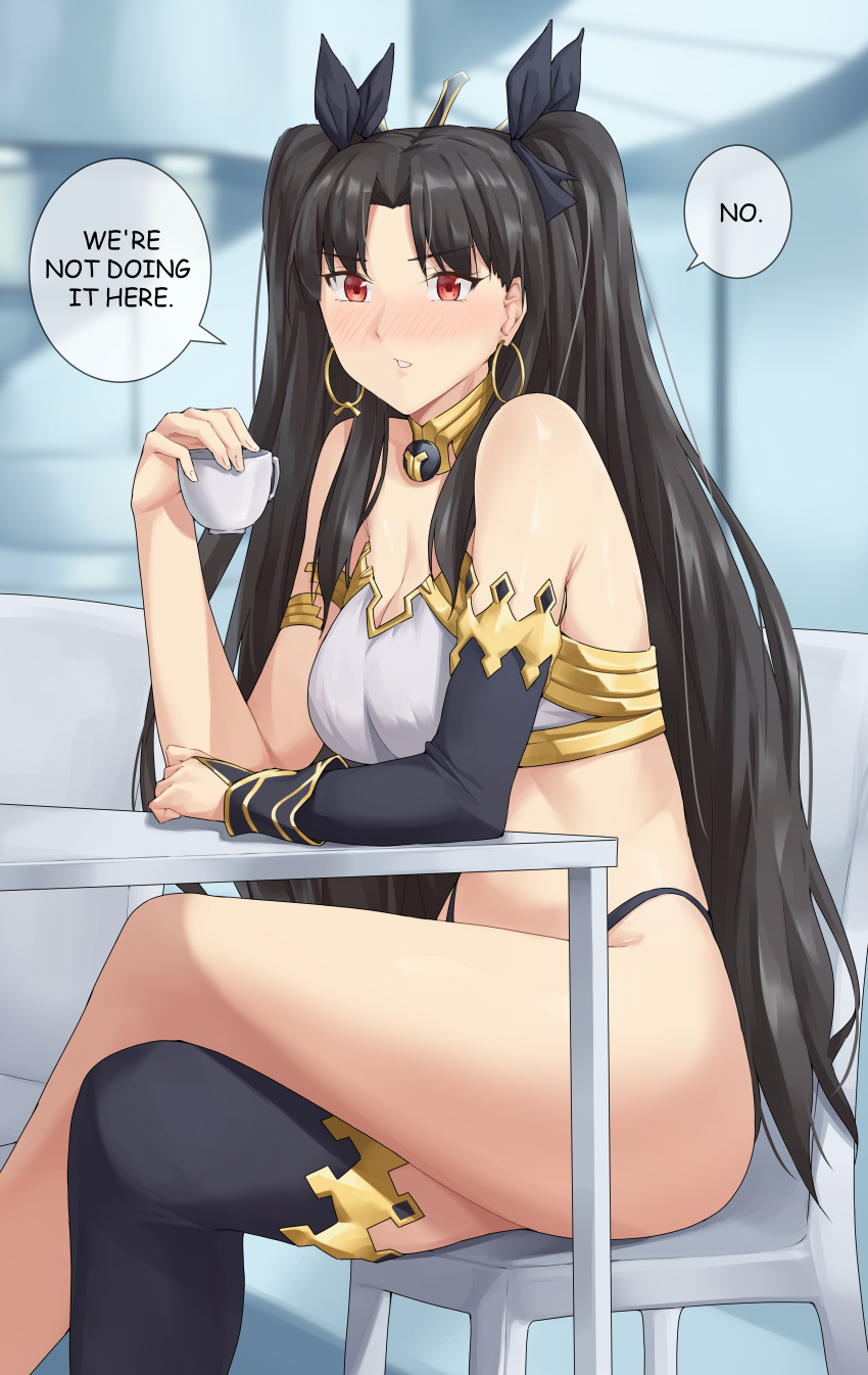 black_hair black_legwear cafe earrings fate/grand_order fate_(series) female ishtar_(fate) looking_at_viewer red_eyes sarhce single_thighhigh sitting solo