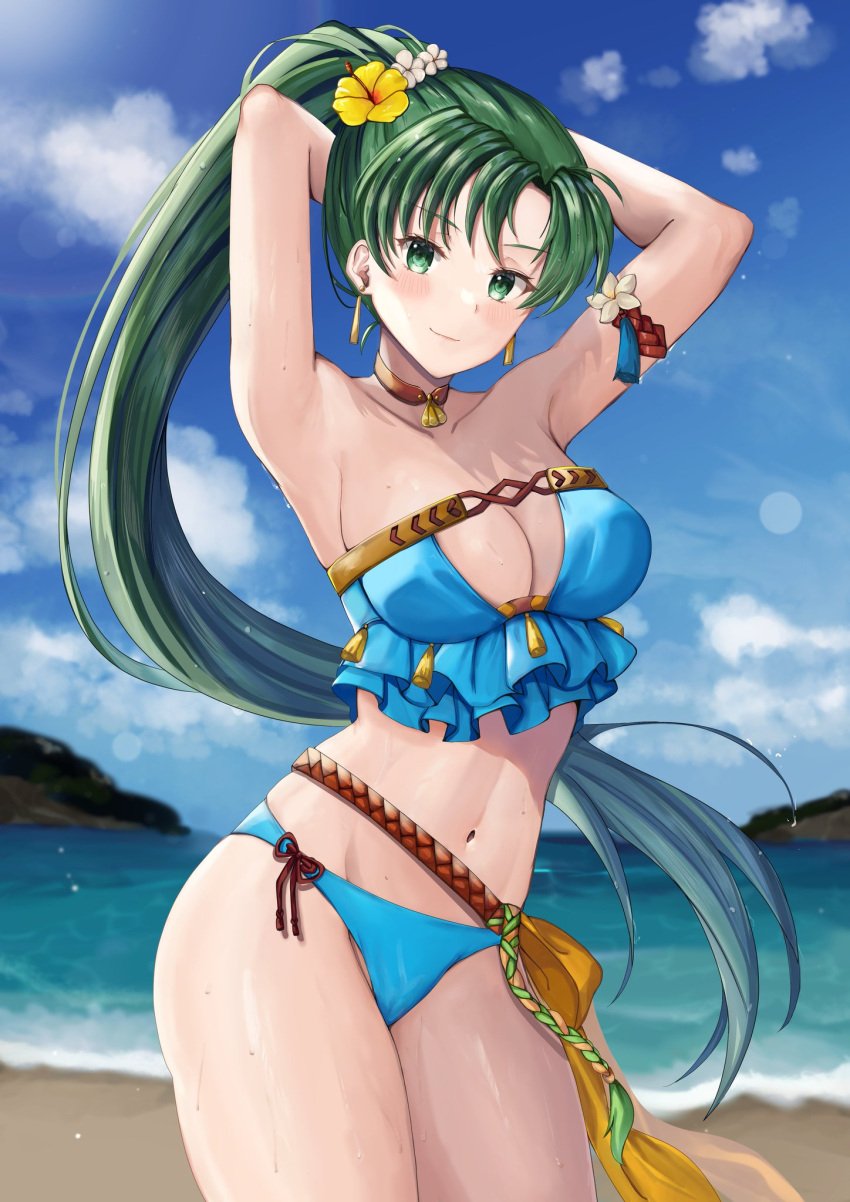 1girls alternate_costume armpits arms_up bare_shoulders bikini blue_bikini blue_sky blue_swimsuit breasts collarbone commentary day female female_only fire_emblem fire_emblem:_the_blazing_blade fire_emblem_heroes flower green_eyes green_hair hair_flower hair_ornament highres large_breasts looking_at_viewer lyn_(fire_emblem) lyn_(summer)_(fire_emblem) midriff navel nintendo ocean official_alternate_costume ponytail sky smile solo strapless swimsuit yui_(msy1302mana)