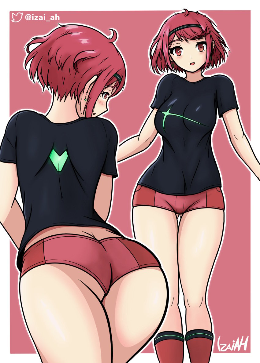 1girls 2022 ass breasts female female_only highres izai_ah izaiah_(artist) nintendo pyra red_eyes red_hair shirt_lift short_hair shorts thighs xenoblade_(series) xenoblade_chronicles_2