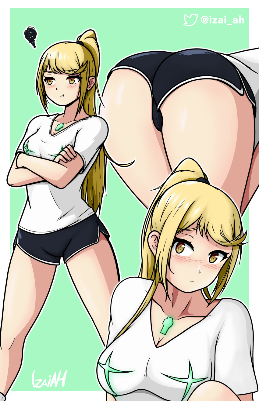 1girls 2022 ass blonde_female blonde_hair breasts close-up earrings female highres izai_ah izaiah_(artist) mythra nintendo ponytail shirt shorts thighs xenoblade_(series) xenoblade_chronicles_2