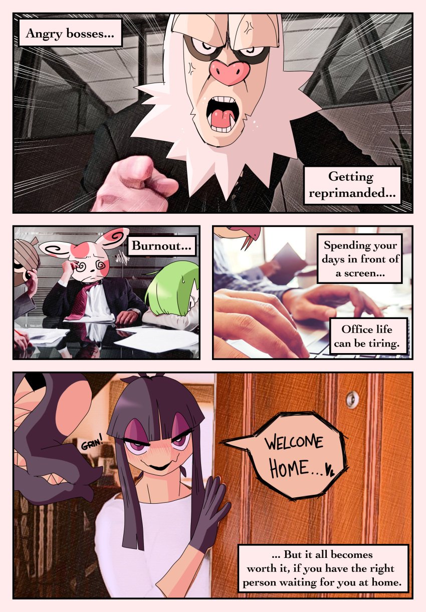 absurd_res anthro bangs black_hair comic dialogue female gardevoir hair hi_res male mawile narration nintendo pokemon pokemon_(species) ponporio_(artist) purple_eyes seedot seviper slaking spinda video_games wife