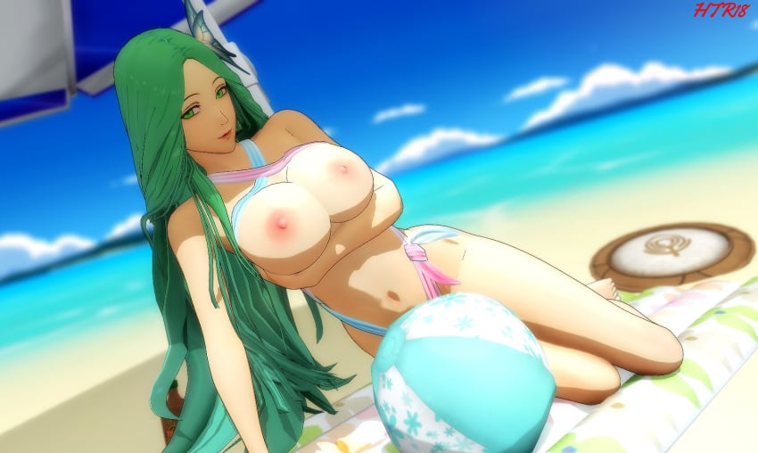 3d alternate_costume big_breasts bikini blue_swimsuit female female_only fire_emblem fire_emblem:_three_houses htr18 nintendo one-piece_swimsuit outdoors rhea_(fire_emblem) slingshot_swimsuit