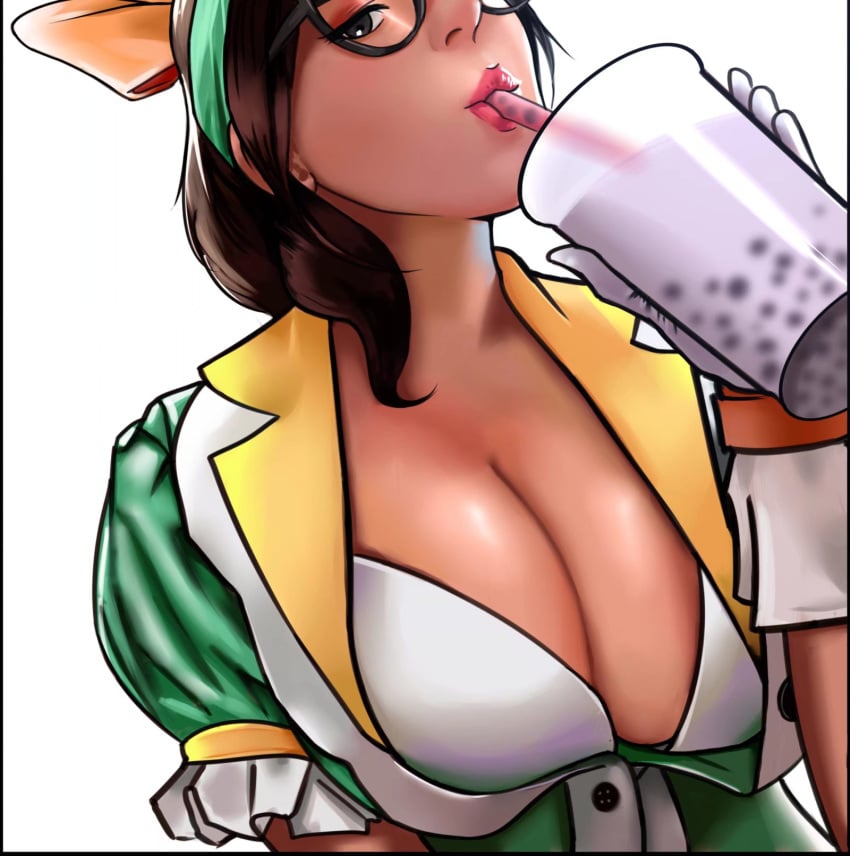 alternate_costume alternate_hairstyle booger_wang breasts bunny_ayumi cleavage cup derivative_work female food fruit glasses gloves green_shirt highres holding holding_cup honey honeydew_mei large_breasts mei_(overwatch) melon official_alternate_costume overwatch shirt simple_background tea visor_cap white_background white_gloves