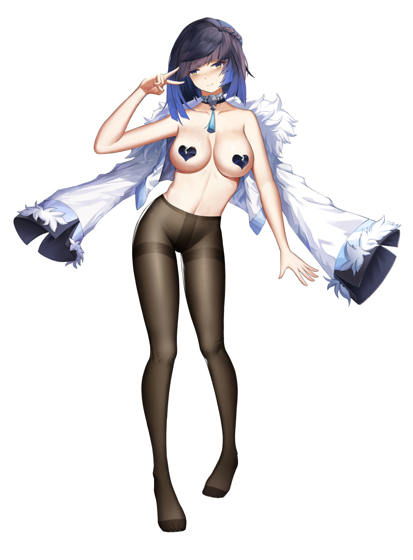 1girls absurdres arm_up bangs bare_shoulders black_choker black_pantyhose blue_eyes blue_hair blush boost404 braid breasts choker closed_mouth collarbone covered_navel covered_nipples female female female_only french_braid full_body genshin_impact green_eyes highres large_breasts legs looking_at_viewer medium_hair multicolored_eyes multicolored_hair pantyhose purple_hair solo standing thighs two-tone_hair v white_background yelan_(genshin_impact)