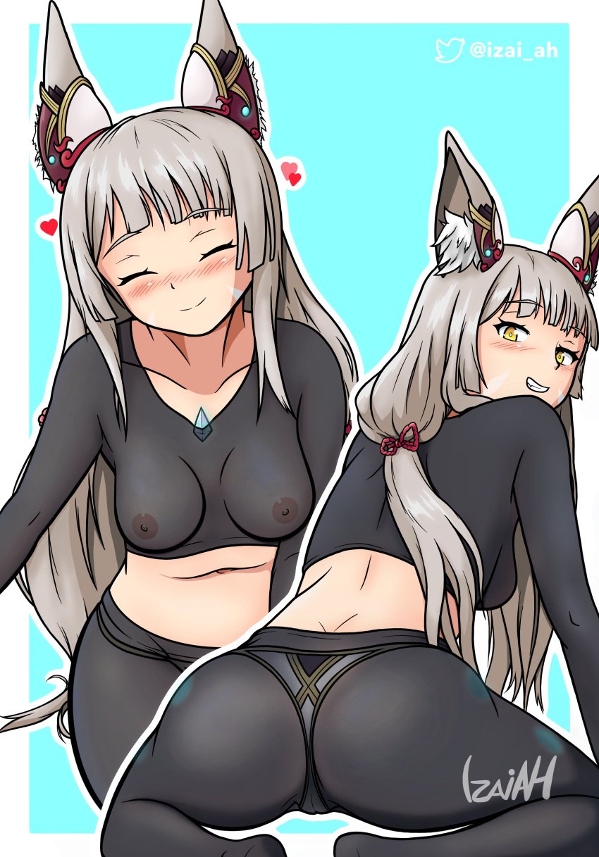 1girls 2022 areolae ass bodysuit breasts cat_ears female female_only grey_hair highres izai_ah izaiah_(artist) leggings nia nia_(blade) nia_(xenoblade) nintendo nipples panties translucent_clothing xenoblade_(series) xenoblade_chronicles_2 yellow_eyes