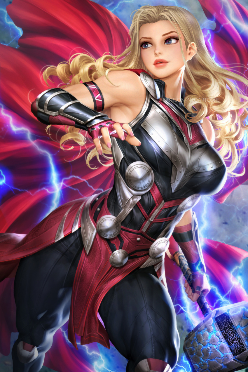 1girls absurd_res absurdres arm_length_gloves big_thighs blonde_female blonde_hair blue_eyes electricity female female_focus female_only fingerless_gloves fingernails fit fit_female gloves hammer high_resolution highres hips holding_hammer holding_weapon jane_foster lady_thor large_filesize light-skinned_female light_skin lightning long_hair marvel marvel_comics nail_polish nails neoartcore nudtawut_thongmai pink_nail_polish pink_nails solo solo_female solo_focus superhero superheroine thick_thighs thighs thor_(series) toned toned_body toned_female very_high_resolution weapon wide_hips