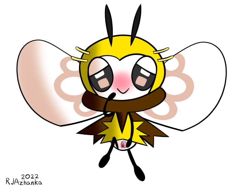 antennae_(anatomy) black_antennae black_arms black_eyes black_legs blush featureless_feet featureless_hands featureless_legs female genitals insect_wings insects interspecies multicolored_body multicolored_wings neck_tuft nude pokemon pseudo_clothing pussy ribombee rjazhanka smile spread_pussy spreading tuft video_games white_background wings yellow_body