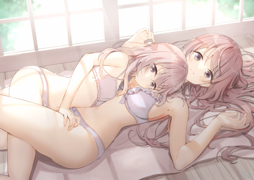 2girls ass bangs bare_arms bare_legs bare_shoulders bare_thighs bed bedroom bow bow_bra bow_panties bra breasts closed_mouth cowgirl_position frilled_bra frills grey_eyes hair_between_eyes hands_up indoors inui_sajuna inui_shinju laying_on_back laying_on_bed laying_on_stomach long_hair looking_at_viewer lying lying_on_back lying_on_bed lying_on_stomach medium_breasts mouth_closed multiple_girls neki_(wakiko) older_female older_sister on_back on_bed on_side on_stomach on_top panties petite pillow pink_hair siblings sister sisters small_breasts sono_bisque_doll_wa_koi_wo_suru underwear_only white_bra white_panties window younger_female younger_sister