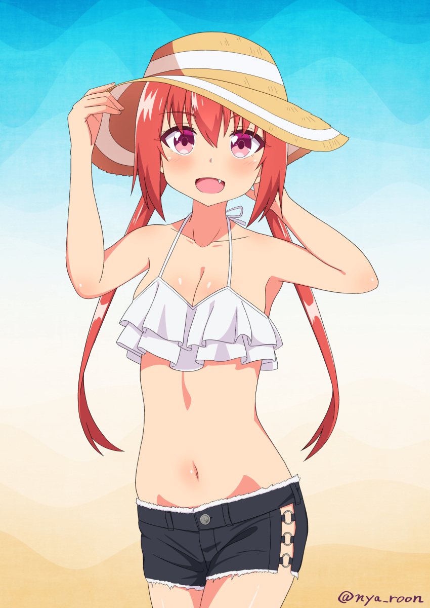 :d alternate_costume bangs bikini bikini_top_only black_shorts breasts collarbone cowboy_shot female frilled_bikini frills gabriel_dropout hand_on_headwear hat highres kurumizawa_satanichia_mcdowell long_hair looking_at_viewer medium_breasts navel nyaroon oerba_yun_fang open_mouth purple_eyes red_hair satanichia_kurumizawa_mcdowell short_shorts shorts smile solo sun_hat swimsuit twintails twitter_username white_bikini