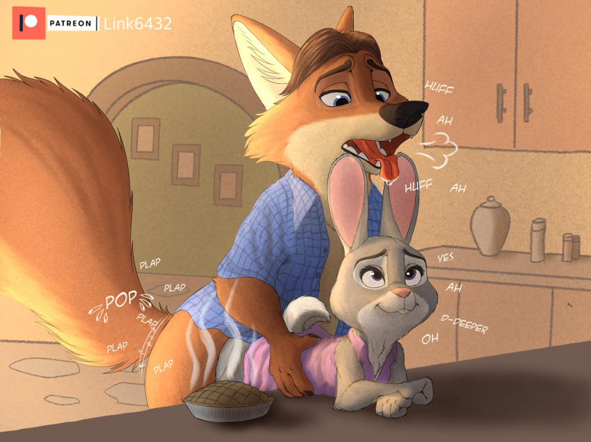 anthro bonnie_hopps canid canine canis clothed clothed_sex clothing dialogue disney doggy_style duo female fox from_behind_position gideon_grey hi_res lagomorph leporid link6432 male male/female mammal rabbit sex zootopia