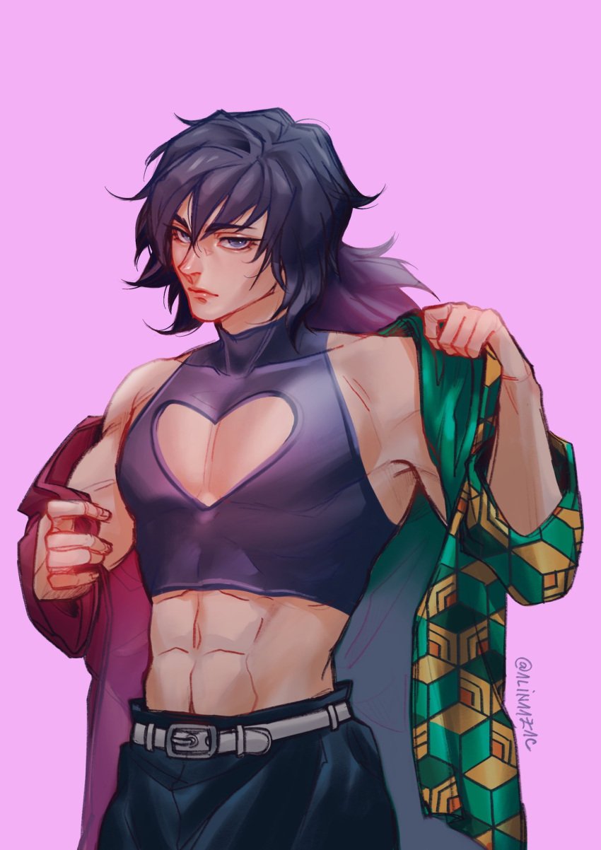 alinaazac alternate_costume alternate_version_available black_hair blue_eyes cleavage_cutout crop_top demon_slayer expressionless haori kimetsu_no_yaiba looking_at_viewer male male_only muscular muscular_male ponytail skin_tight sleeveless_shirt solo tight_clothing tomioka_giyuu undressing uniform