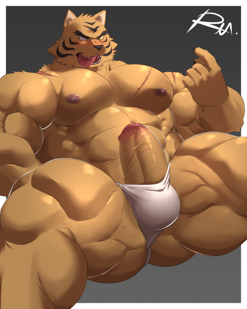 anthro big_muscles boner erection felid feline gaira genitals hi_res male male_focus male_only mammal muscular muscular_anthro muscular_male nipples pantherine pecs penis reclamon scar solo thunder_jet_raiders_of_the_galaxy_empire tiger vein veiny_penis