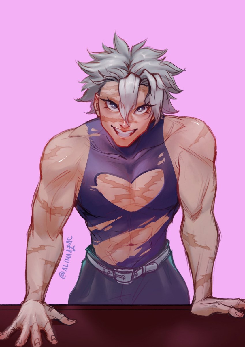 alinaazac alternate_costume alternate_version_available cleavage_cutout crop_top demon_slayer facial_scar grey_hair grin hair_between_eyes kimetsu_no_yaiba leaning_forward looking_at_viewer male male_only muscular muscular_male no_eyebrows purple_background purple_eyes sanemi_shinazugawa scar scars skindentation sleeveless_shirt smile solo tight_clothing torn_clothes white_hair