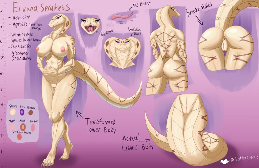 2022 abs absurd_res anthro anus apode ass big_breasts breasts claws digital_media_(artwork) draconcopode english_text ervana_serakess female genitals hi_res legless looking_at_viewer looking_back looking_back_at_viewer model_sheet naga navel nipples notloccomics nude purple_eyes pussy reptile scalie serpentine sharp_teeth smile snake solo teeth text