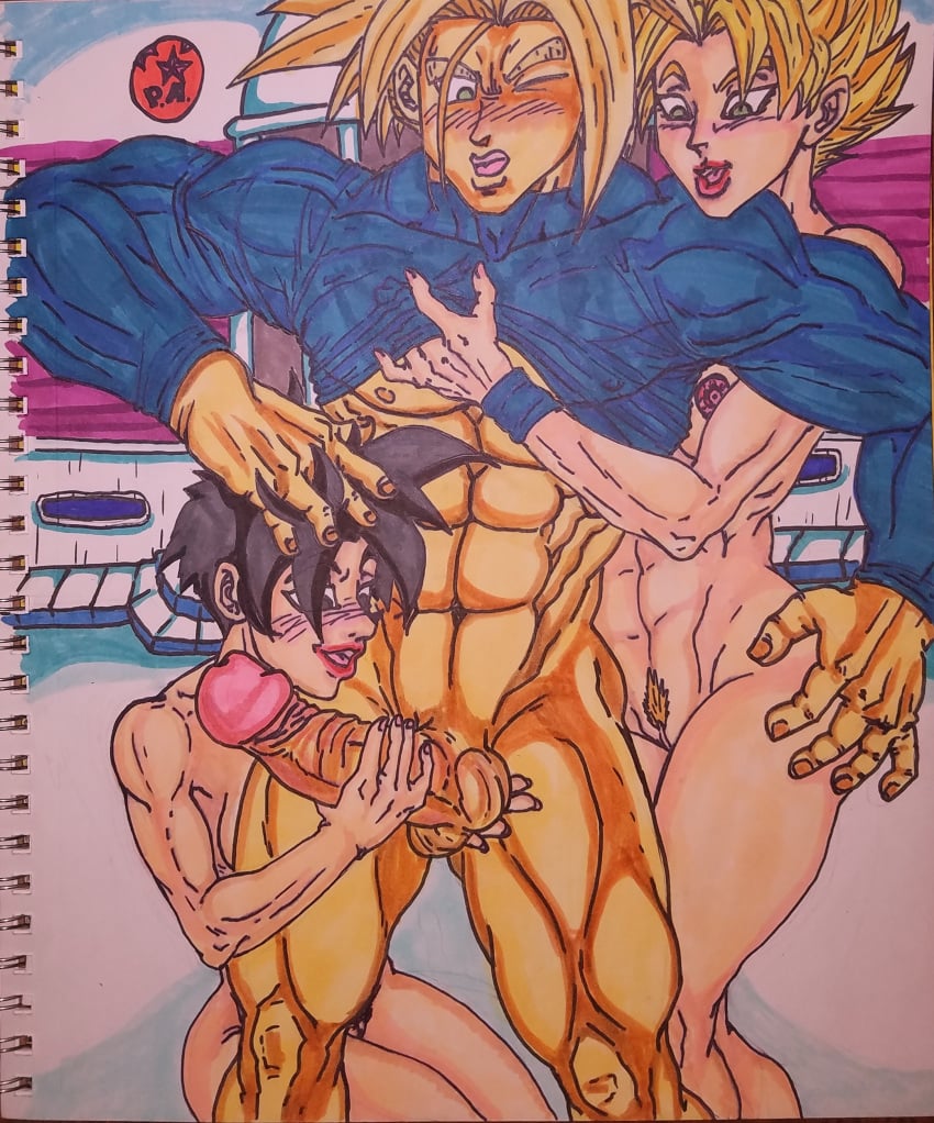 1boy 2girls blonde_hair dragon_ball dragon_ball_super dragon_ball_z female female_gohan female_goku future_trunks green_eyes half_saiyan huge_cock hyperbolic_time_chamber male mother_and_daughter multiple_girls muscular_male nude_female princeadam rule_63 son_gohan son_goku super_saiyan threesome traditional_media_(artwork) trunks_briefs uncensored undressing_another